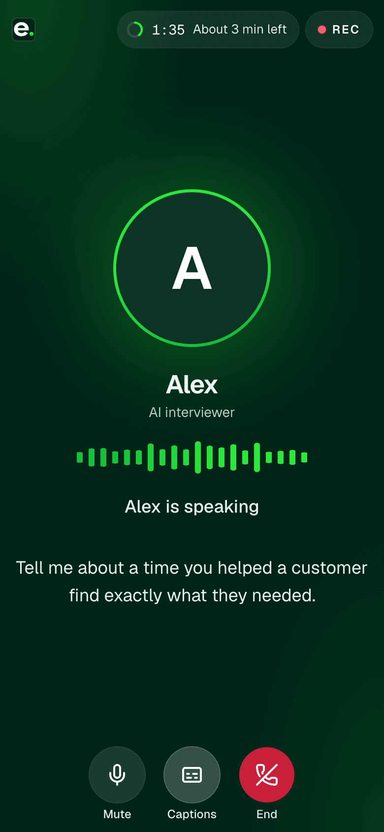 A candidate's interview on a mobile phone: the AI interviewer Alex is speaking and asks a question, with a recording indicator and the time remaining.